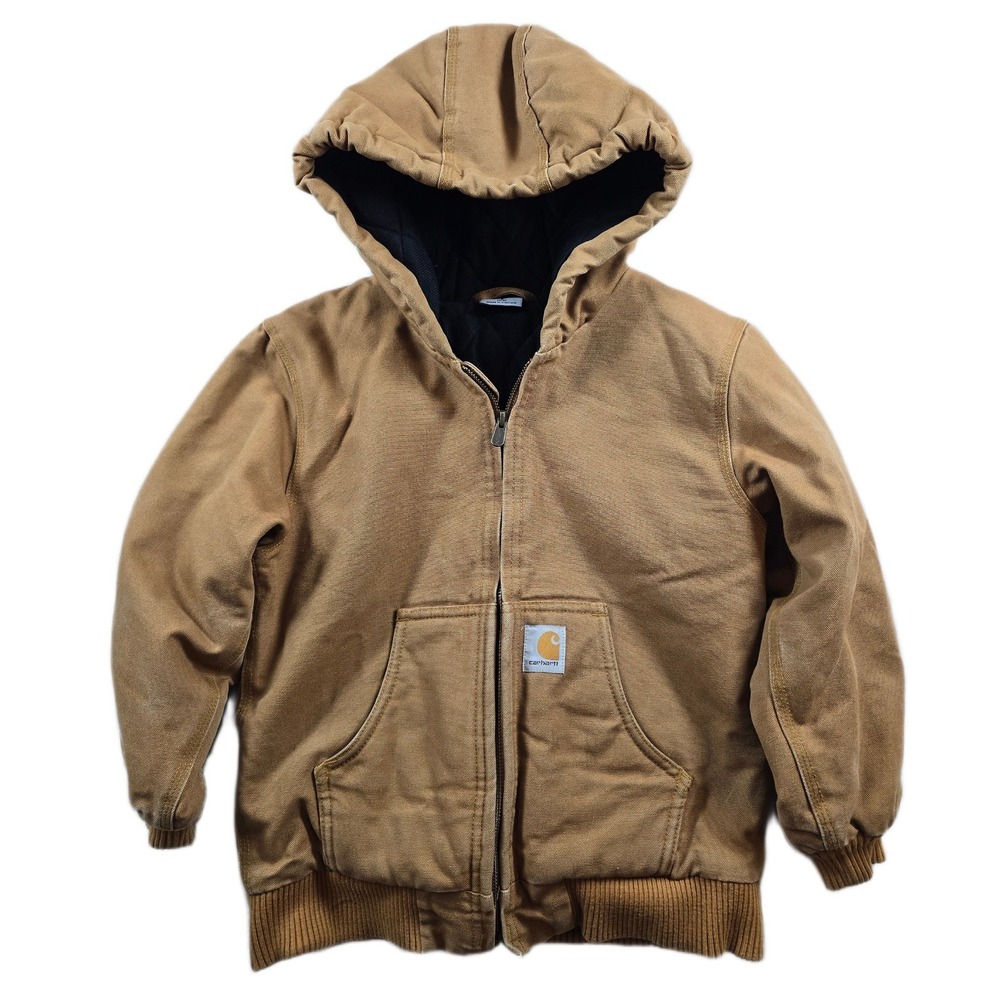 Carhartt Active Duck Jacket Kids Small 7-8 Brown Cotton Quilted Hooded Coat
